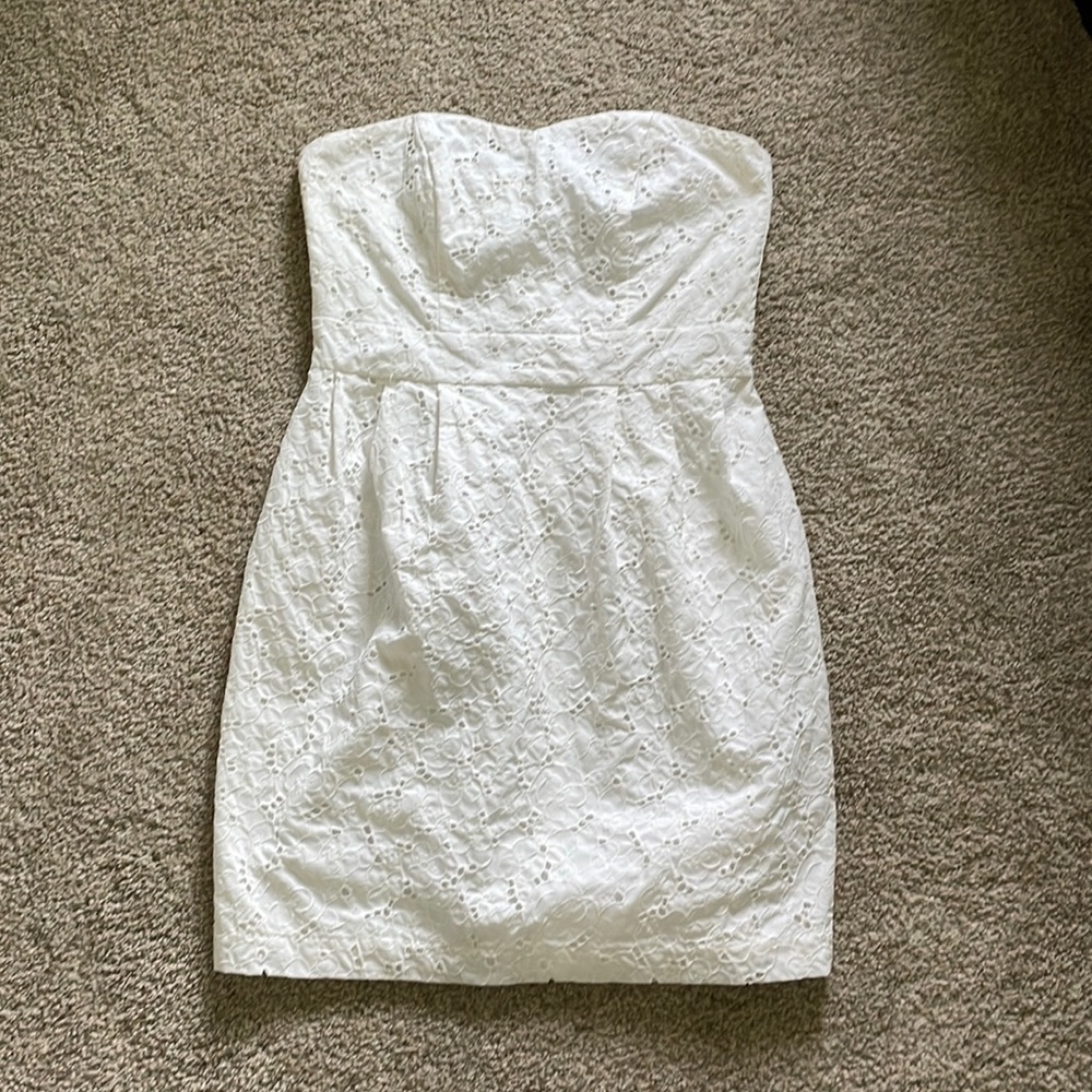 Strapless white eyelet sheath dress